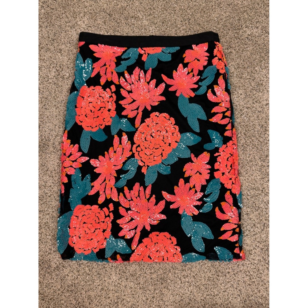 Greylin Sequin Floral Pencil Skirt Black‎ Pink Teal XS Exposed Zipper Mini Skirt